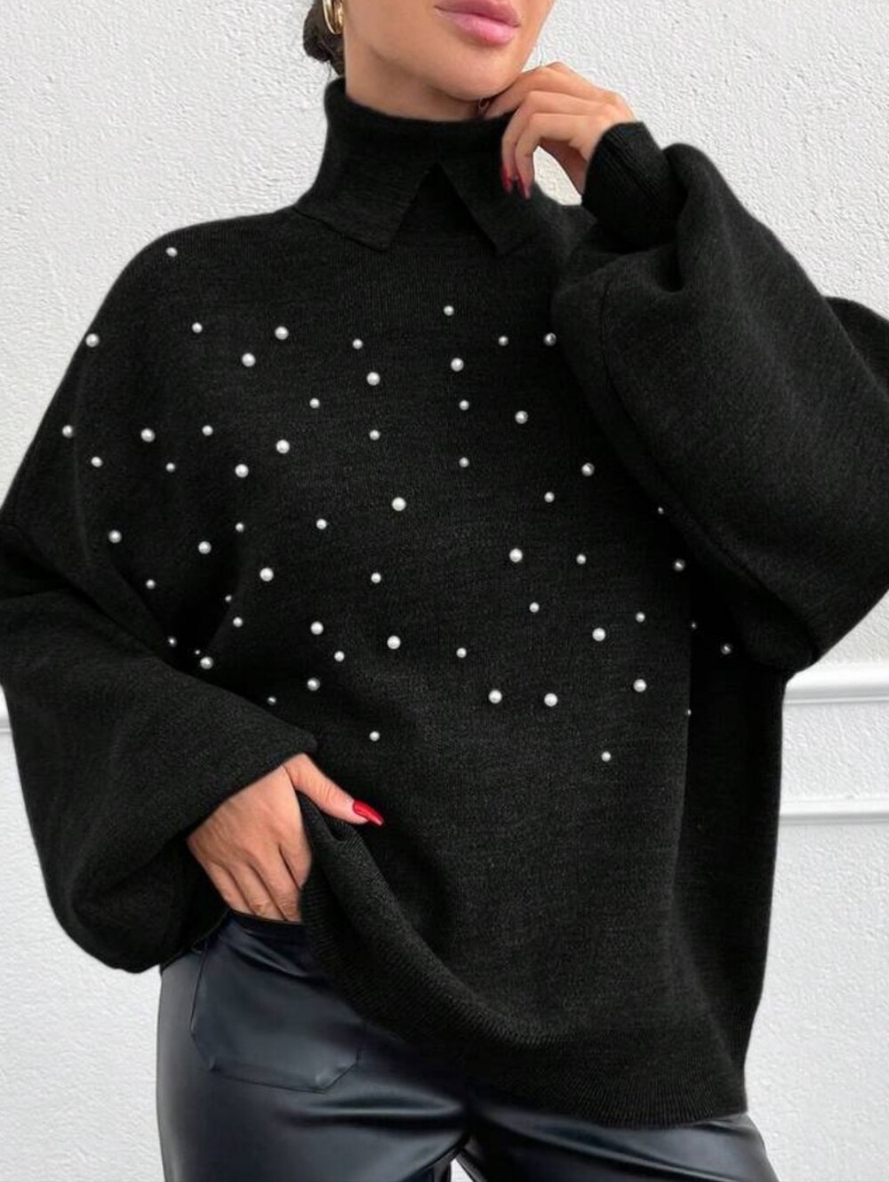 George Black Pearl-Accented Mock Neck Sweater